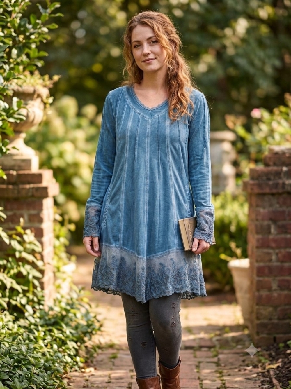 Washed Blue Lace-Trim V-Neck Tunic Top